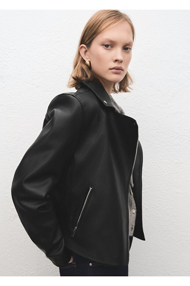 Deri görünümlü biker ceket - 7