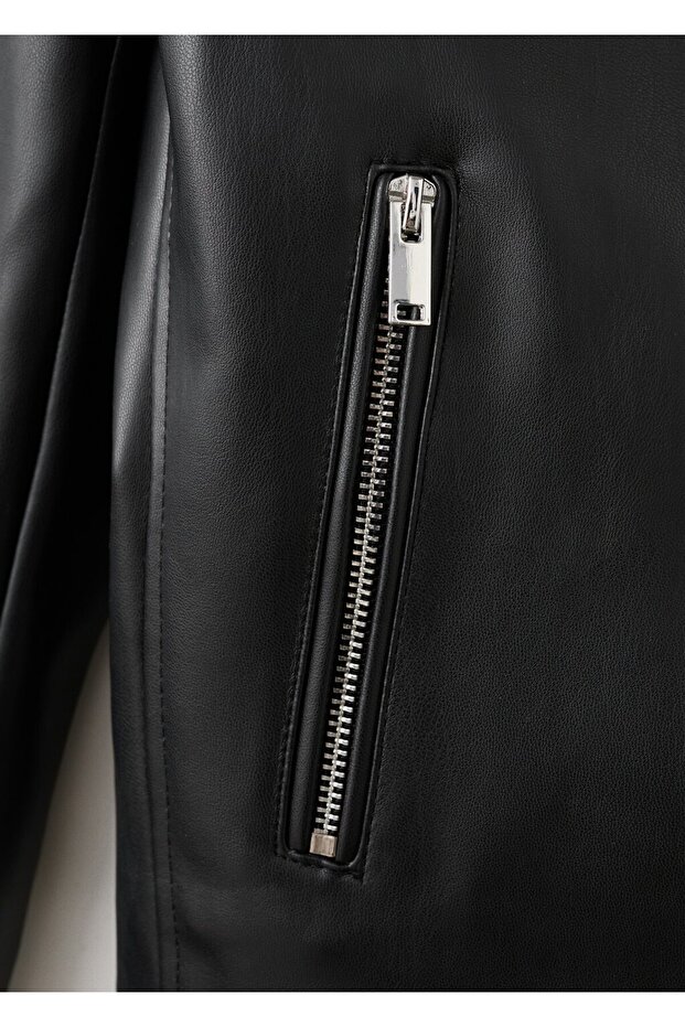 Deri görünümlü biker ceket - 5