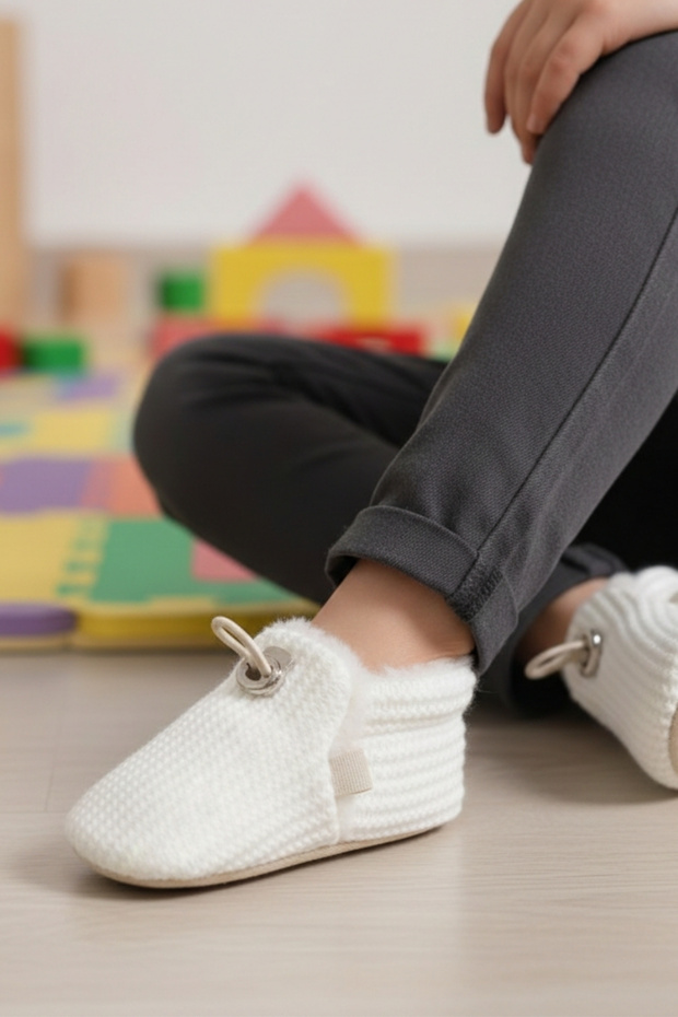 Corduroy Ecru Knitwear, Plush Lined, Non-Slip Sole, Elastic Baby Booties, Home Boots, Slippers