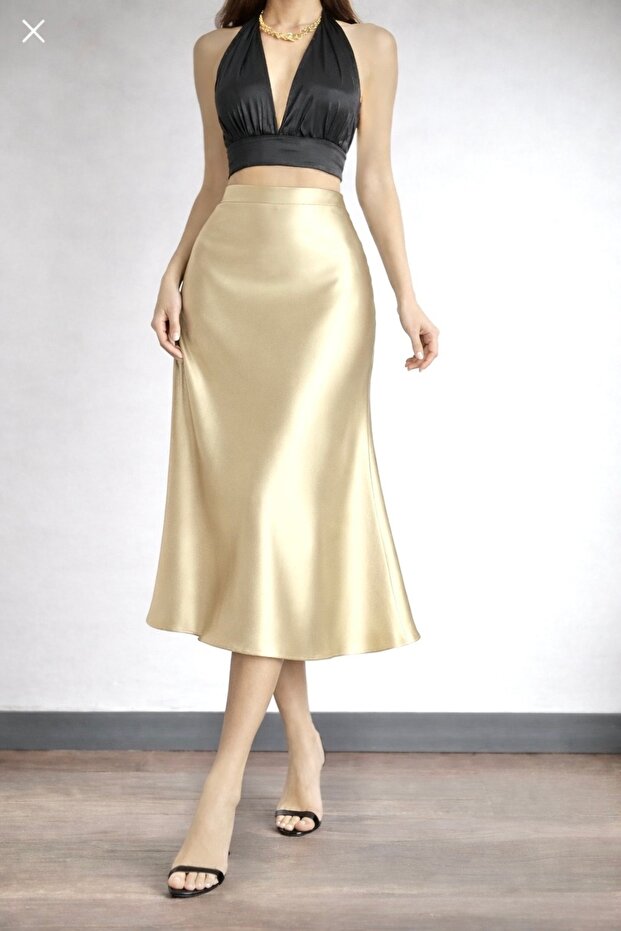 Dark Cream Midi Length Satin Skirt