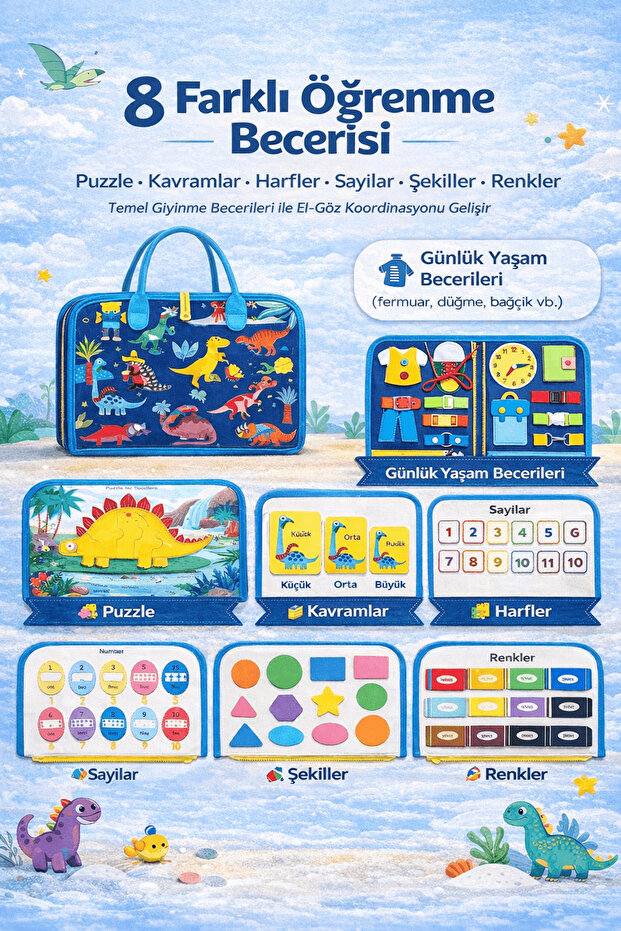robokids Montessori Keçe Aktivite Çantası | Busy Board | 8’i 1 Arada | Mavi Dinozor