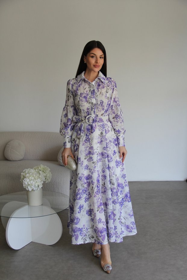 Lilac Stone Embellished Detailed Belted Lined Maxi Long Premium Design Linen Dress