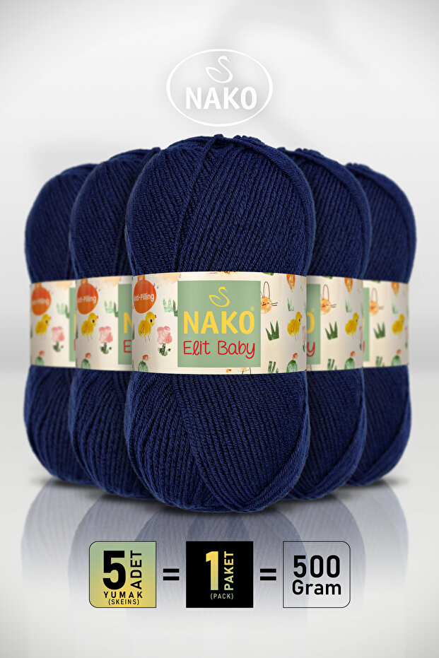 Elit Baby • Navy Blue (10094) • 5-Pack × 100 Gr / 250 m • Baby Yarn • Anti-Pilling, Non-Pilling • Vest, Blanket, Booties