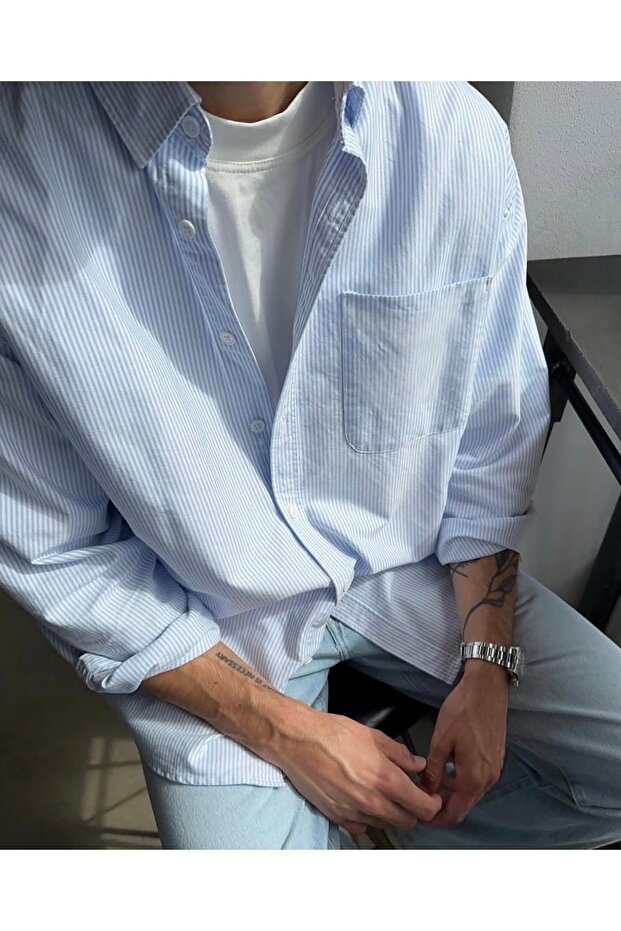 Oversize Loose Fit White Blue Striped Men's Long Sleeve Shirt with Pockets