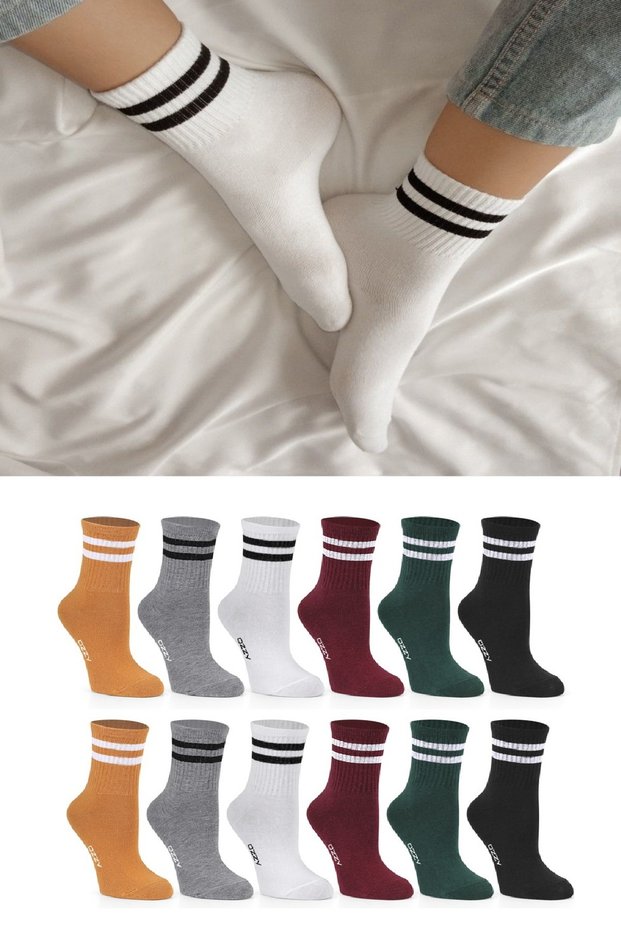 12 Pairs of Women's Mixed Color Striped Sports Tennis Socks Set in Light and Dark Colors