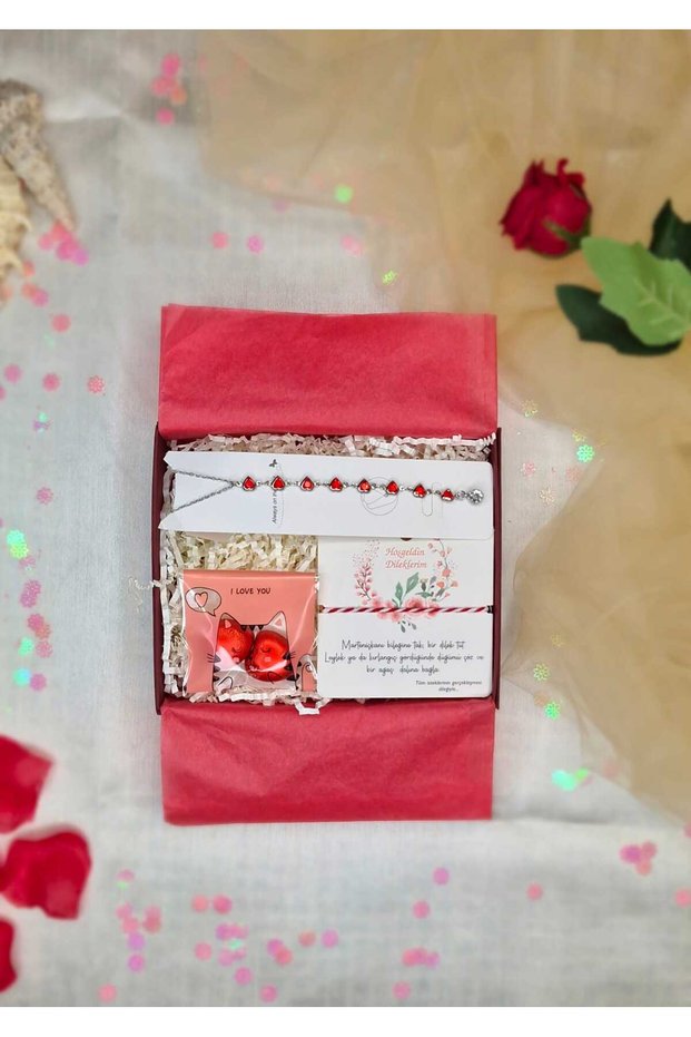 Red Hearts Zircon Stone Steel Necklace, Martini Bracelet Valentine's Day Gift Box