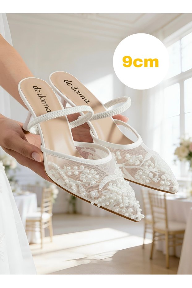 Fomax Women's Heeled Shoes with Mesh Embroidery and Beaded Print Detail