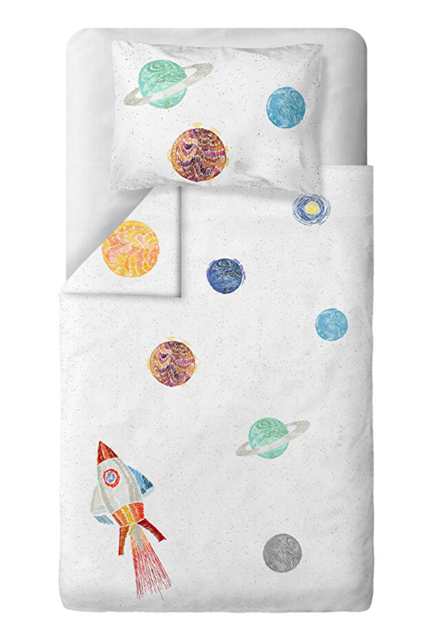 Space Planet White 100% Cotton Children's Duvet Cover Set 100 X 200 cm