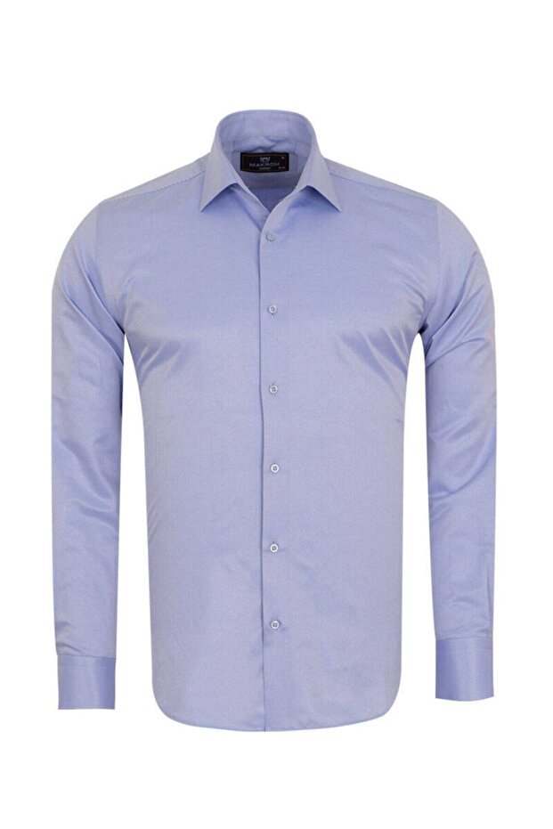 Men's Blue Cotton Diagonal Fabric Bias Striped Slim and Regular Fit Long Sleeve Shirt