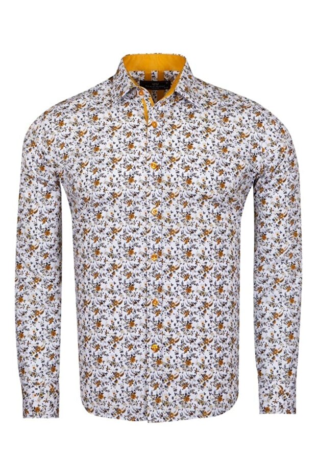 Men's Camel Pattern Shirt Collar Detail Cotton Slim and Regular Fit Long Sleeve Shirt