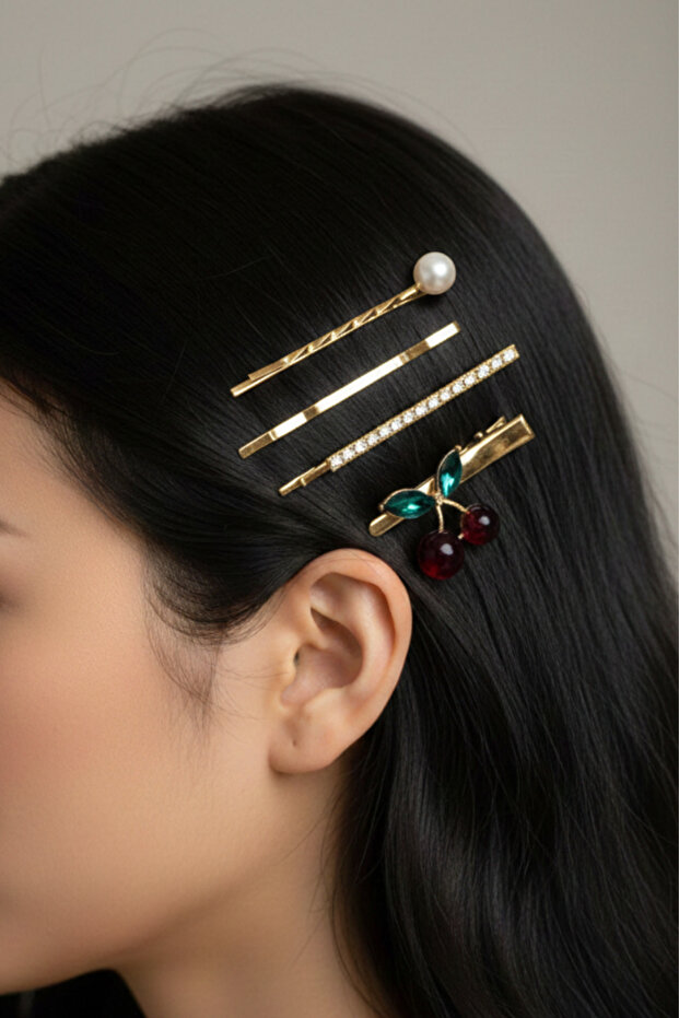 3 Pieces of Cherry Clip with Stone and Pearl, 5.5 Cm.
