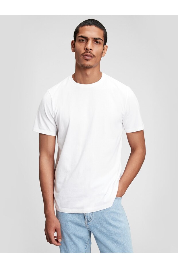 Erkek Beyaz Bisiklet Yaka Basic T-Shirt - 1