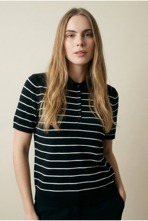 Polo Neck Striped Short Sleeve Women's Knitwear T-Shirt