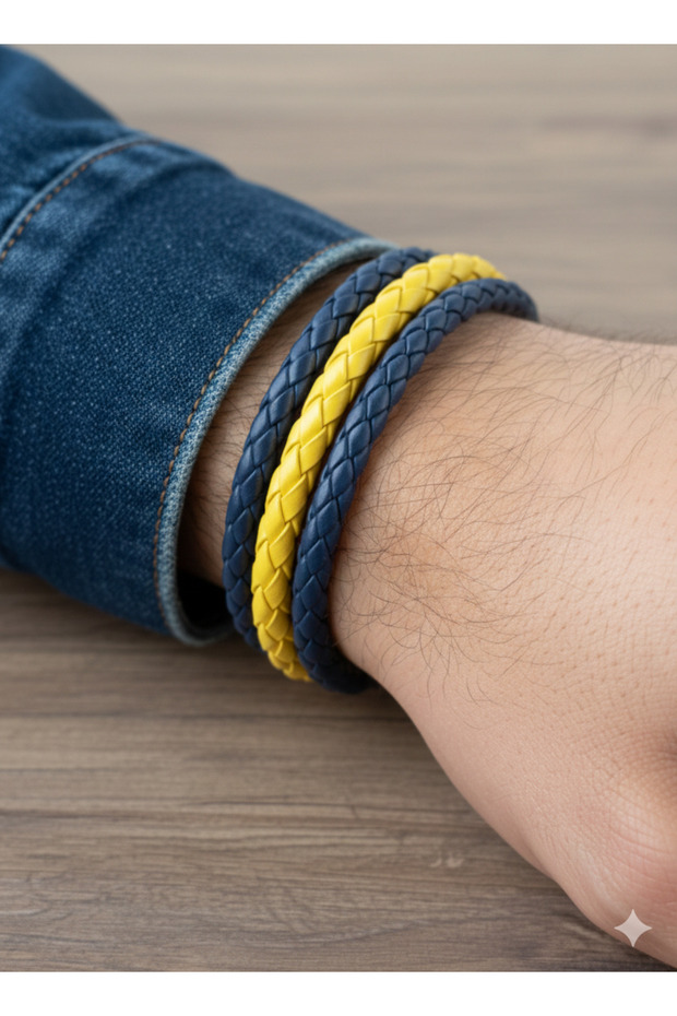 Yellow Navy Blue Fenerbahçe Braided Leather Bracelet