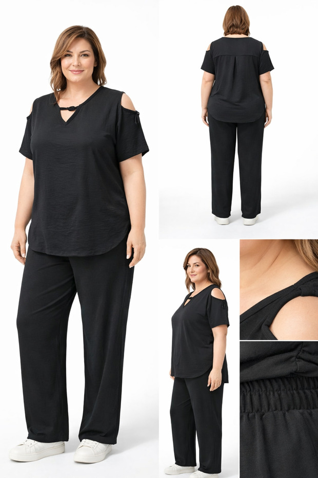 LARGE SIZE AEROBIN FABRIC SHOULDER OPEN COLLAR LACE-UP SHORT SLEEVE WAIST RUBBER WIDE MOLD TREND SET