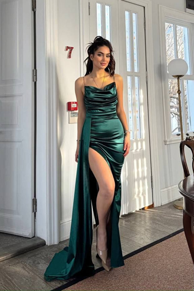 Allyso Draped Neck Slit Emerald Evening Dress