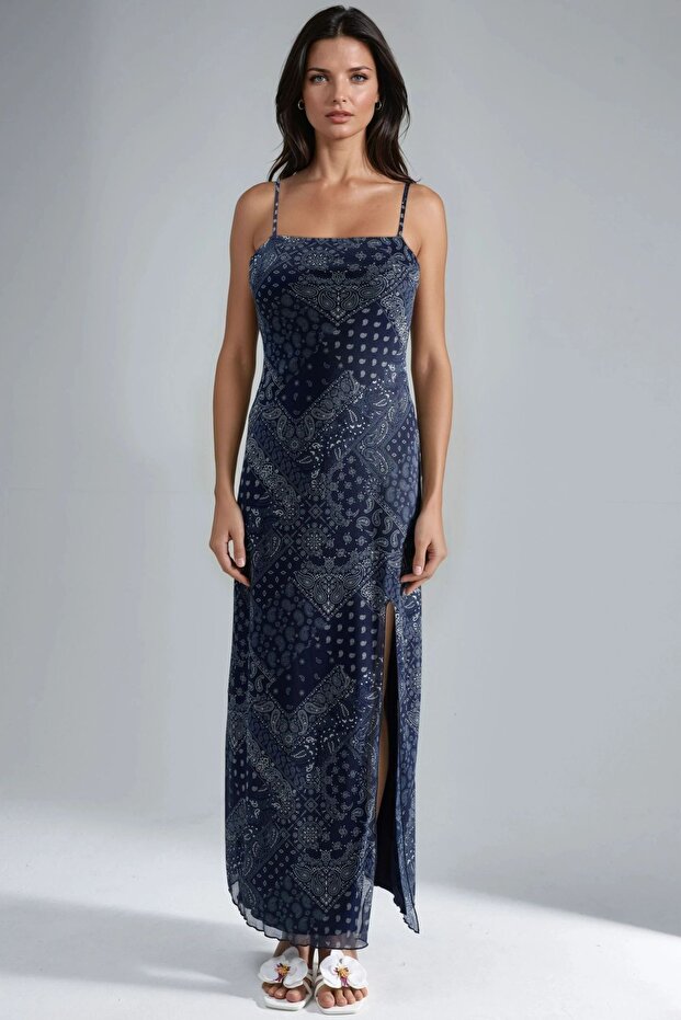 Kare Yaka Baskılı Midi Elbise - 8