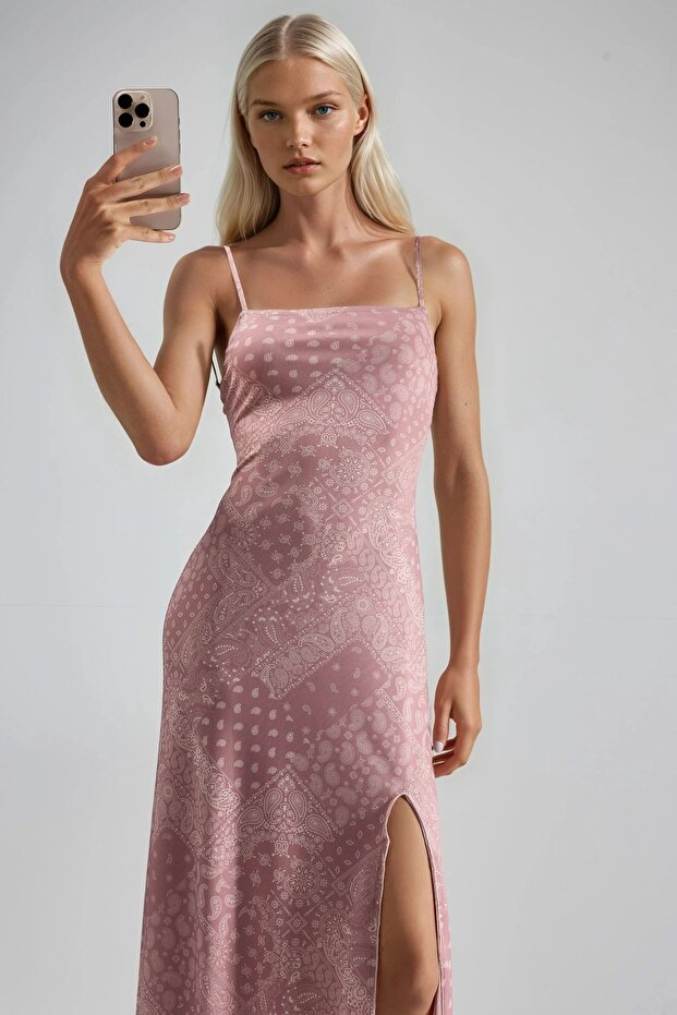 Kare Yaka Baskılı Midi Elbise - 2