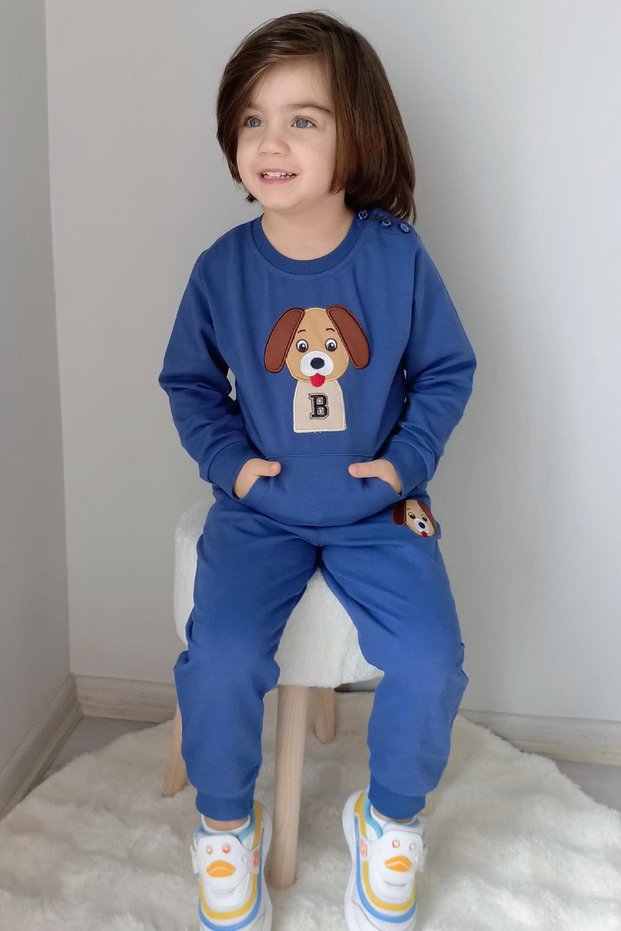 Baby Boy Tracksuit Set Cute Puppy Embroidered Kangaroo Pocket 9 Months-3 Years, Indigo