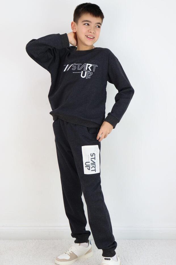 Boy's Tracksuit Set with Lettering Printed and Pants with Detailing, Ages 5-10, Smoked Melange