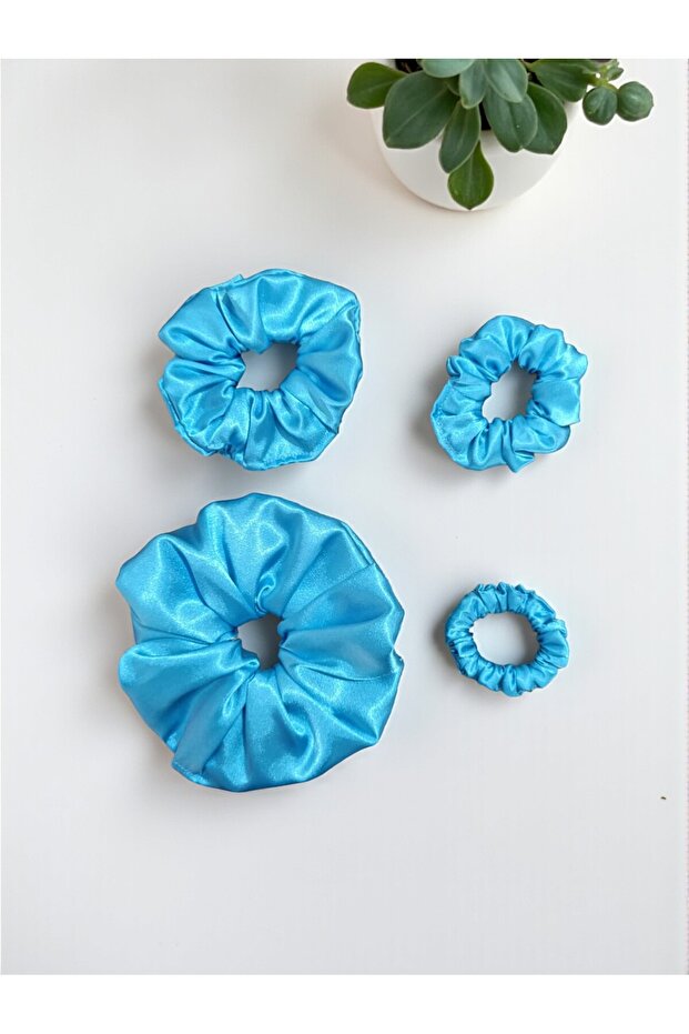 Women's Blue 4-Piece Satin Scrunchie Hair Rubber Set - Bagel Buckle (Oversize, Large, Medium, Mini Size)