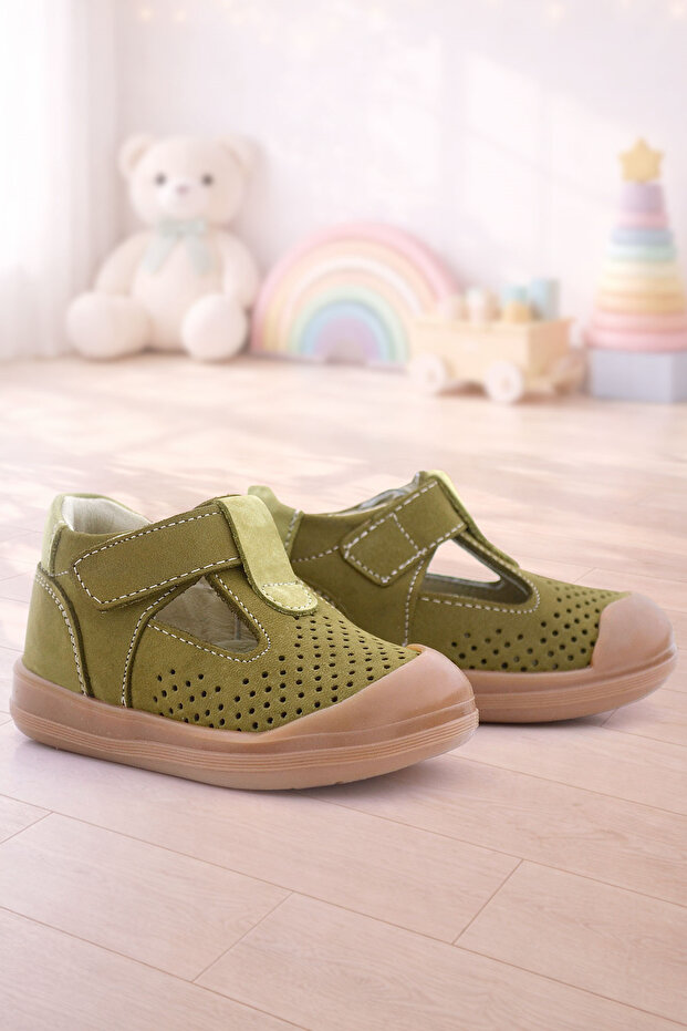Shaun Genuine Leather Khaki Green Velcro Anatomical Baby Sandals