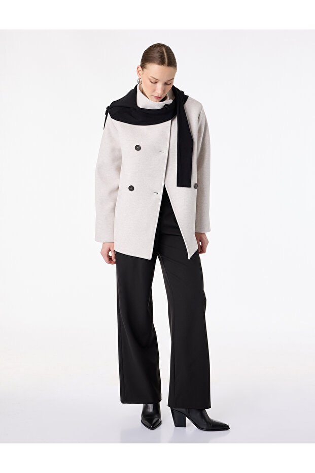 Long Sleeve Buttoned Pocketed Stand Collar Cashmere Coat