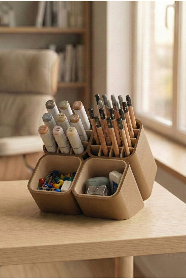 Modular Pen Holder Organizer with Grid Compartments (Pastel Brown Color)