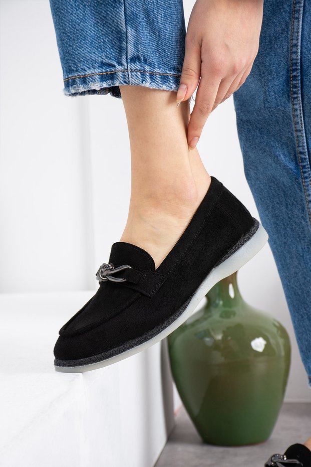 Casual Elegance: Black Suede Casual Shoes with Metal Accessories