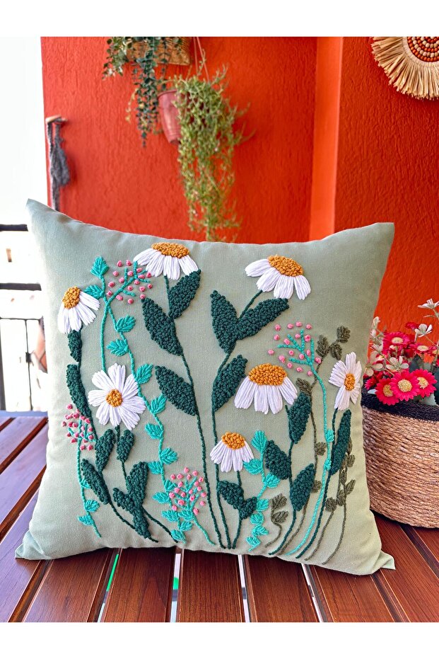 Panch Punch Cushion Cover Daisy Flower Model Handmade 100% Handcrafted Light Green