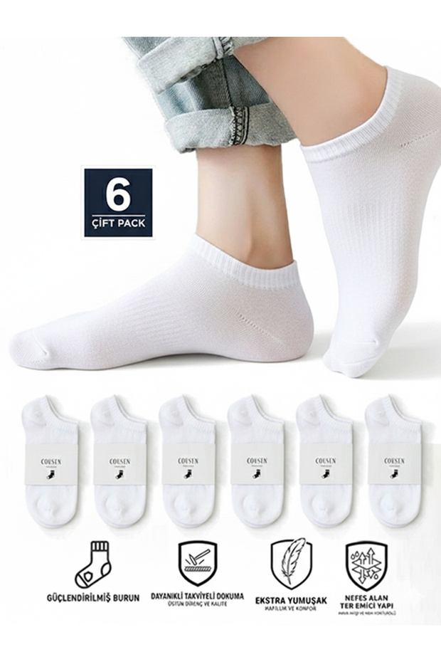 6-Piece White Unisex Set of Cotton Booties Socks Economic Package Daily Sports Cool Comfort