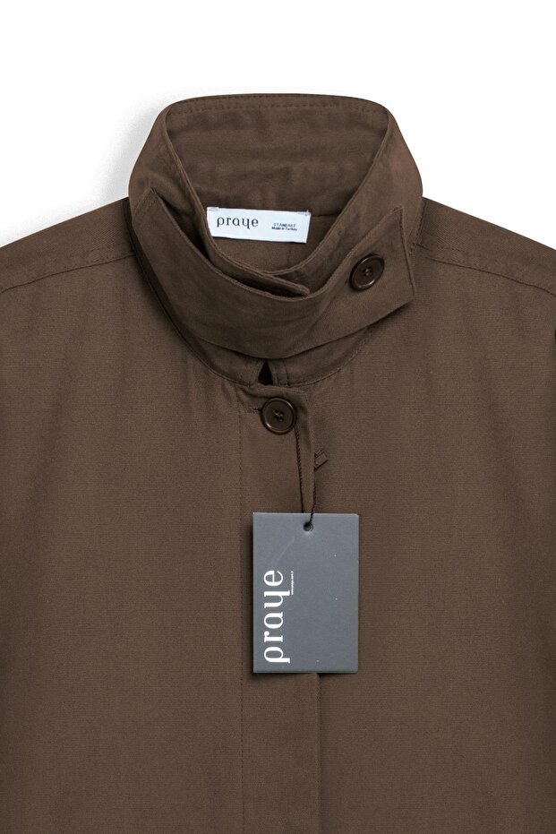 ياقة مرتفعة متوسطة الطول سترة قماشية باللون البني - 3