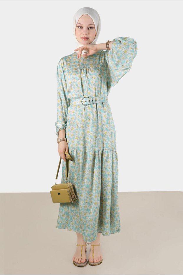 Flower Patterned Robali Satin Dress 42731