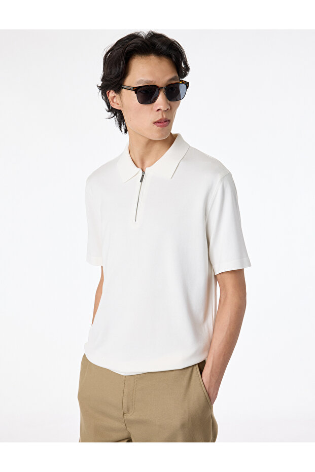 Regular Fit Viscose Half Zipper Short Sleeve Knitwear T-Shirt