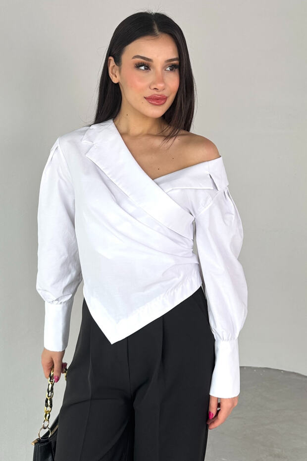 Gml-0317 White Cross Tie Double Sleeve Double Breasted Collar Crop Shirt