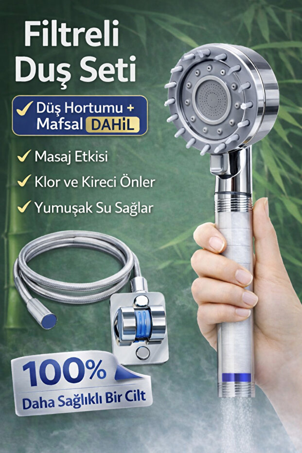 SUVİA Filtreli Duş Başlığı Masaj Etkili PVC Hortum Yapışkanlı Askı Klor Arındırıcı Suyu Yumuşatır