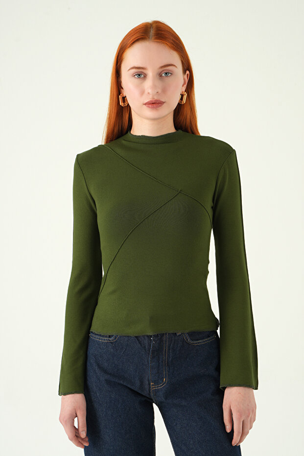 Khaki Crew Neck Front Ruffled Blouse 8238A - 2