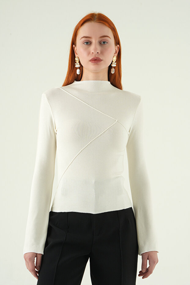 8238A Crew Neck Front Ruffled Blouse Ecru - 2