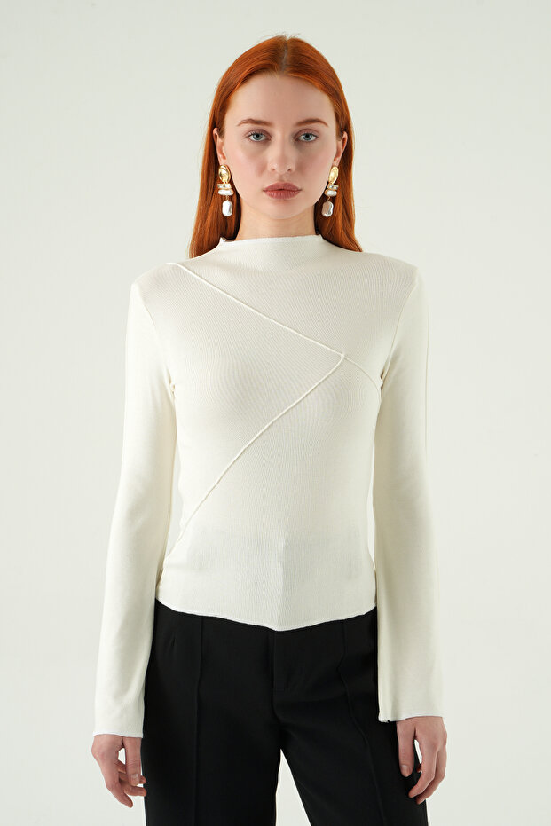 8238A Crew Neck Front Ruffled Blouse Ecru - 7