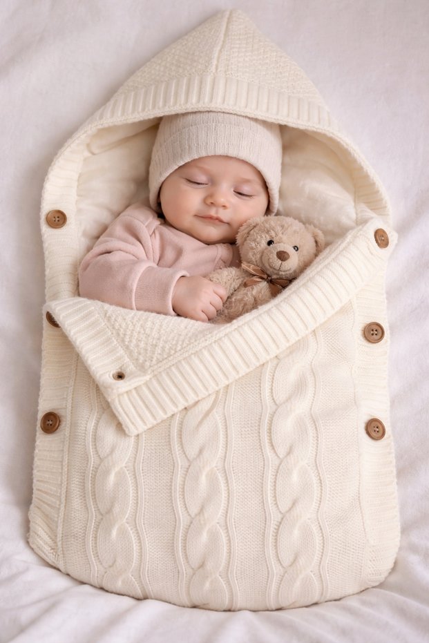 100% Organic Knitted Baby Swaddle with Fleece Inside and K Hooded Button Detail, 75 X 40 cm