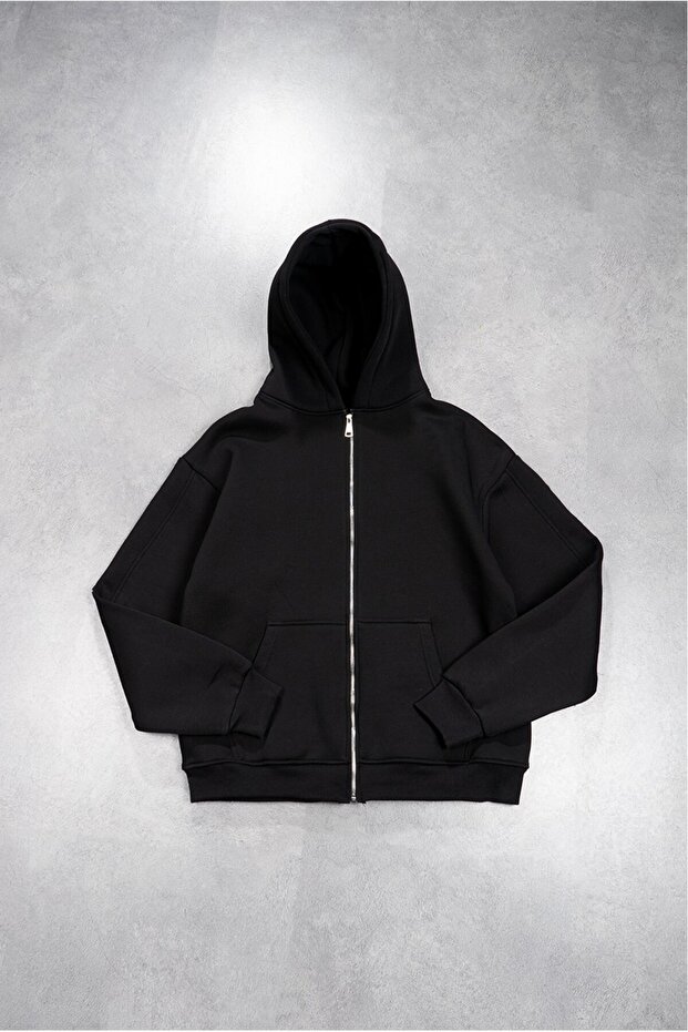 Siyah Basic Oversize Erkek Ceket Hoodie - 3
