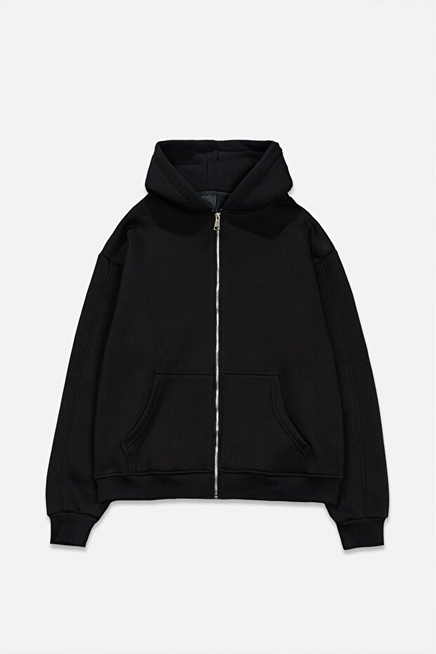 Siyah Basic Oversize Erkek Ceket Hoodie - 1