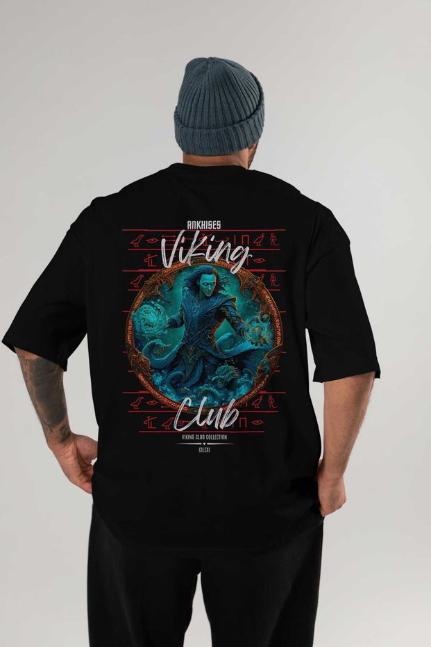 Loke Back Printed Black Oversize T-Shirt Men's Women's Cotton Crew Neck T-Shirt