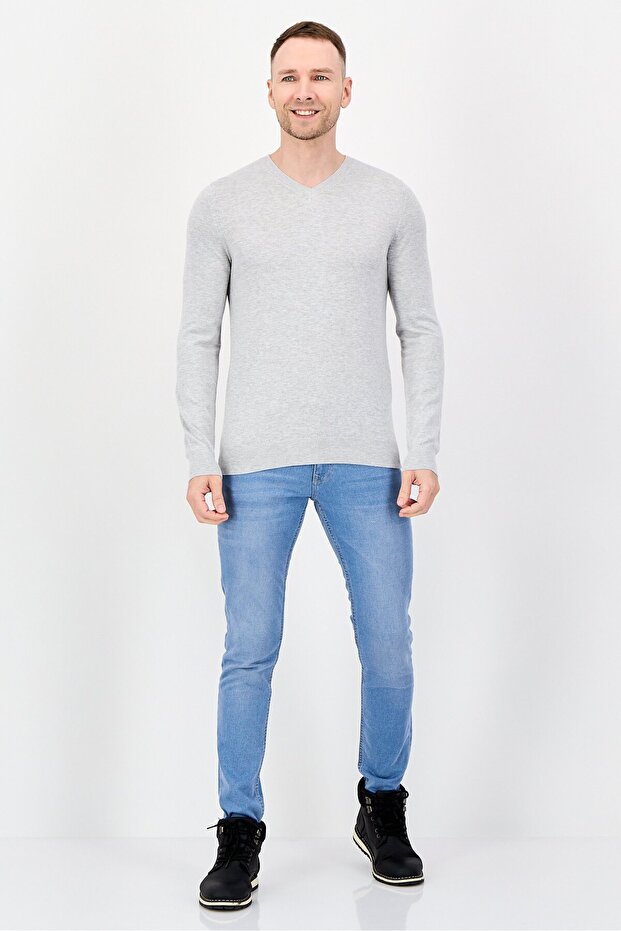 Men V Neck Long Sleeves Plain Sweaters, Light Grey - 4