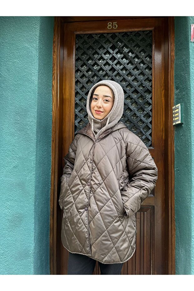 Oversize Kapüşonlu Kadın Kapitone Mont - 7