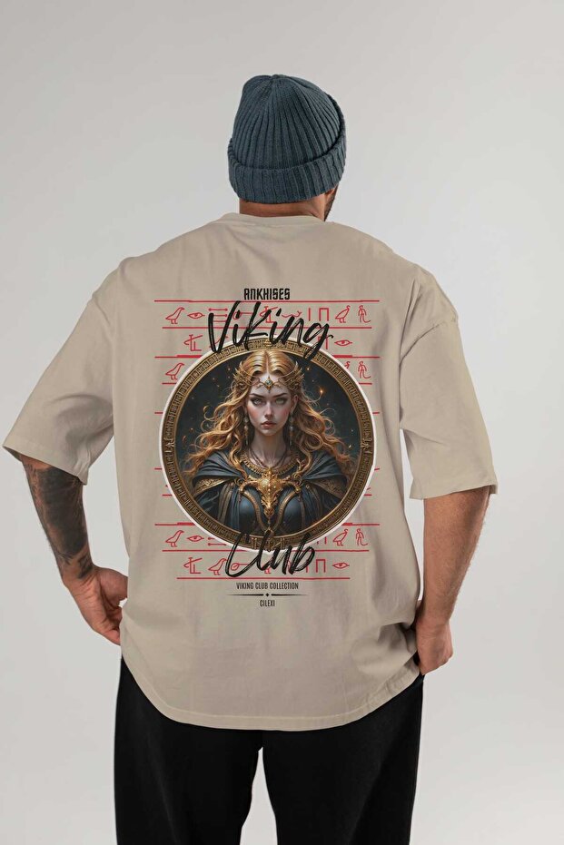 Freya Back Printed Beige Oversize T-Shirt Men's Women's Cotton Crew Neck T-Shirt