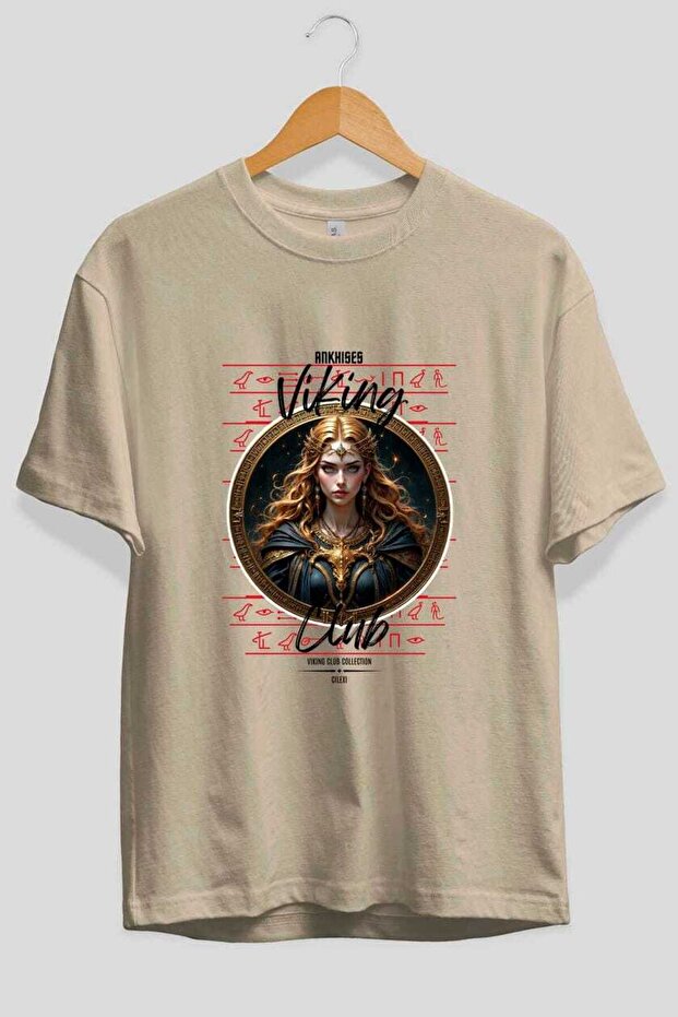 Freya Front Printed Beige Oversize T-Shirt Men's Women's Cotton Crew Neck T-Shirt