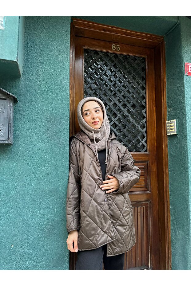 Oversize Kapüşonlu Kadın Kapitone Mont - 3