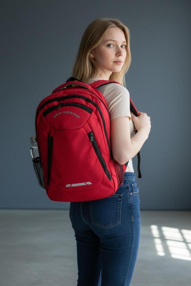 حقيبة ظهر حمراء متعددة الجيوب، حقيبة مدرسية - 1