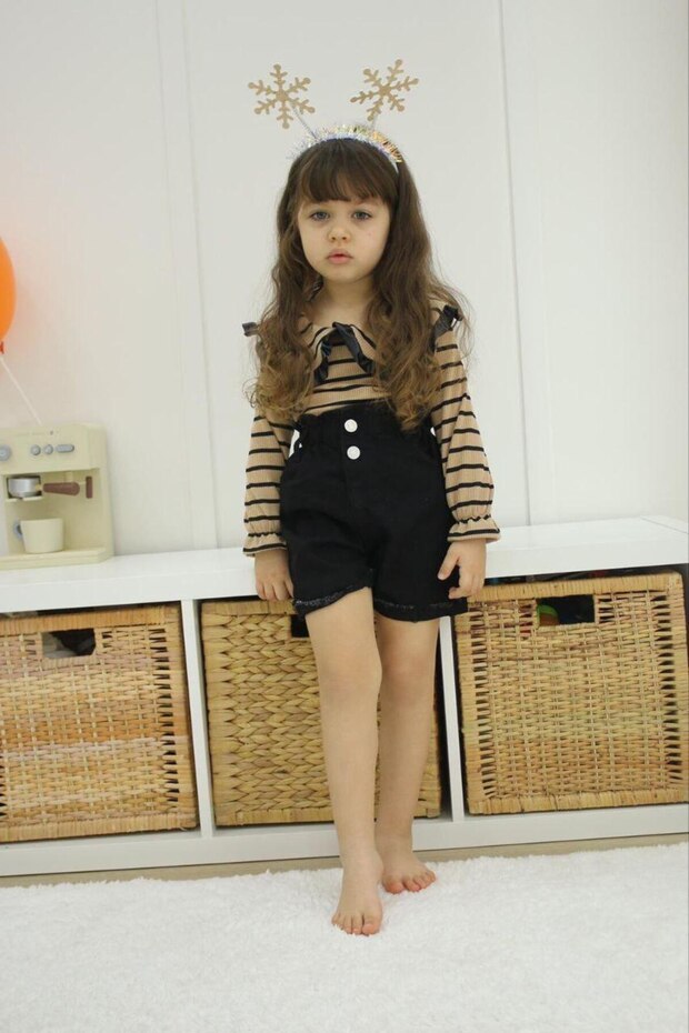Girls Striped Long Sleeve Blouse & Denim Shorts 2 Piece Set-K018-Jlb-078